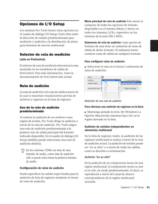 Menú principal de ruta de audición Este menú se
Opciones de I/O Setup                                  compone de todas las opciones de formato
                                                       disponibles en el sistema (Mono y Stereo en
Los sistemas Pro Tools tienen otras opciones en
                                                       todos los sistemas, LCR y superiores en los
el cuadro de diálogo I/O Setup. Entre ellas están
                                                       sistemas de la serie HD y MIX).
la dirección de señales predeterminada para
medición y audición y la distribución de pistas        Submenús de ruta de audición Cada opción de
para formatos de mezcla multicanal.                    formato de ruta tiene un submenú de rutas de
                                                       salida de dicho formato. El submenú mono
Selector de ruta de medición                           contiene rutas de salida de cualquier formato.

(sólo en ProControl)
                                                       Para conﬁgurar rutas de audición:
El selector de ruta de medición determina la ruta      ■ Seleccione la ruta en el menú o submenús de
mostrada en los medidores de salida de                 rutas de audición.
ProControl. Para más información, véase la
documentación de ProControl más actual.


Ruta de audición
La ruta de audición es la ruta de salida a través de
la cual se muestran visualizaciones previas de
archivos y regiones en la lista de regiones.
                                                       Selección de una ruta de audición

Uso de la ruta de audición                             Para efectuar una audición de regiones en la lista:
predeterminada                                         ■ Mantenga pulsada la tecla Alt (Windows) u
                                                       Opción (Macintosh) mientras hace clic en la
Al realizar la audición de un archivo o una
                                                       región deseada en la lista.
región de la lista, Pro Tools dirige la audición a
través de la ruta de audición. Pro Tools asigna
                                                       Audición de señales independientes en
una ruta de audición predeterminada a la
                                                       elementos multicanal
primera ruta de salida principal del formato
indicado disponible. En el cuadro de diálogo I/O       En la lista de regiones Audio, la audición de las
Setup también puede seleccionar una ruta de            regiones multicanal se realiza a través de la ruta
audición distinta.                                     de audición actual. La audición de señales puede
                                                       ser "en su sitio" o a través de todas las salidas,
     En los sistemas TDM con más de una                como se describe a continuación.
     interfaz de audio, como ruta de audición
     sólo se puede seleccionar la primera interfaz     Audición "en su sitio"
     de audio.
                                                       En la audición de un componente mono de una
                                                       región multicanal, el componente mono se oirá
Conﬁguración de rutas de audición
                                                       en su sitio, de modo predeterminado. Es decir, se
Puede especiﬁcar las salidas supervisadas para la      reproducirá a través del canal de altavoz
audición de lista de regiones mediante el menú         correspondiente de la región multicanal
de rutas de audición.                                  asociada.

                                                                                       Capítulo 7: I/O Setup   91
 