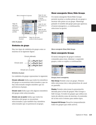 Menú emergente Show/Hide Groups
        Menú emergente de grupos                 Haga clic aquí
                                                 para seleccionar   Un menú emergente Show/Hide Groups
                                                 un grupo
                                                 escribiendo su
                                                                    permite mostrar u ocultar pistas de un grupo o
                                                 letra              mostrar sólo pistas en un grupo. Mantenga
Haga clic                                        Haga clic aquí     pulsado el nombre del grupo para que aparezca
aquí para                                        para activar un
seleccionar
                                                                    el menú emergente y, a continuación,
                                                 grupo
miembros                                                            seleccione la opción.
                                                 Haga clic aquí
del grupo en
                                                 para desactivar
pantalla
                                                 un grupo


               Identiﬁcadores   Haga clic aquí para
               de grupo         ocultar la lista de grupos

Lista de grupos

Símbolos de grupo
Hay tres tipos de símbolos de grupo como se                         Menú emergente Show/Hide Groups
muestra en la siguiente figura:
                                                                    Menú emergente Groups
                        Círculo rellenado                           El menú emergente de grupos contiene
                                                                    comandos para crear, eliminar y suspender
                                                                    grupos, como se explica a continuación:
   Círculo vacío



                  Círculo con un punto

Símbolos de grupo

Los símbolos de grupo representan lo siguiente:
                                                                    Groups (menú emergente)
Círculo rellenado Indica que todos los miembros                     New Group Permite crear un grupo. Primero
del grupo se encuentran seleccionados y que no                      debe seleccionar dos o más pistas/tiras de canal
hay seleccionado ningún miembro que no                              en pantalla.
pertenezca al grupo.
                                                                    Display Permite seleccionar la presentación
Círculo vacío Indica que sólo algunos miembros                      deseada para la lista de grupos: Mix Groups o
del grupo están seleccionados.                                      Edit Groups. Si todos los grupos que utiliza son
Círculo con un punto Indica que todos los                           tanto de edición como de mezclas, el contenido
miembros del grupo se encuentran                                    de la lista será el mismo para ambos tipos.
seleccionados y que también hay miembros                            Suspend All Groups Desactiva temporalmente
seleccionados que no pertenecen al grupo.                           todos los grupos que están activos.




                                                                                                      Capítulo 8: Pistas   113
 