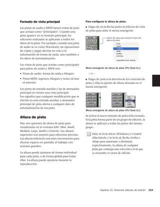 Formato de vista principal                          Para conﬁgurar la altura de pista:

Las pistas de audio y MIDI tienen vistas de pista   ■ Haga clic en la ﬂecha junto al selector de vista
que actúan como "principales". Cuando una           de pista para abrir el menú emergente.
pista aparece en su formato principal, las
                                                                      Hacer clic para que emerja el menú de
ediciones realizadas se aplicarán a todos los                         altura de pista
datos de la pista. Por ejemplo, cuando una pista
de audio se ve como Waveform, las operaciones
de copiar y pegar afectan no solo a la
información de forma de onda, sino también a
los datos de automatización.

Las vistas de pista que actúan como principales
para pistas de audio y MIDI son:                    Menú emergente de altura de pista (Pro Tools 6.x)

• Pistas de audio: forma de onda y bloques              –o–
• Pistas MIDI: regiones, bloques y notas (al usar   ■ Haga clic justo a la derecha de los controles de
  el selector)                                      pista y elija la opción de altura deseada en el
                                                    menú emergente.
Las pistas de entrada auxiliar y las de atenuador
principal no tienen una vista principal.
Eso significa que cualquier modificación que se
efectúe en una entrada auxiliar o atenuador
principal de pista afecta a cualquier dato de
automatización de esa pista.
                                                    Menú emergente de altura de pista (Pro Tools 5.x)

                                                    Se activa el nuevo tamaño de pista seleccionado.
Altura de pista
                                                    Si la pista forma parte de un grupo de edición, la
Hay seis opciones de altura de pista para           altura se aplicará a todas las pistas del mismo
visualizarlas en la ventana Edit: Mini, Small,      grupo.
Medium, Large, Jumbo y Extreme. Las alturas
superiores son mejores para ediciones precisas.          Pulse la tecla Inicio (Windows) o Control
Las alturas inferiores son más convenientes para         (Macintosh) y la tecla de flecha Arriba o
ahorrar espacio en pantalla al trabajar con              Abajo para aumentar o disminuir,
sesiones grandes.                                        respectivamente, la altura de cualquier
                                                         pista que contenga una selección o en la que
La altura puede ajustarse de forma individual            se encuentre el cursor de edición.
para cada pista, o de forma global para todas
ellas. La altura puede ajustarse durante la
reproducción.




                                                                Capítulo 15: Nociones básicas de edición      219
 