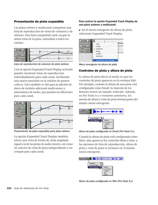 Presentación de pista expandida                      Para activar la opción Expanded Track Display de
                                                           una pista estéreo o multicanal:
      Las pistas estéreo y multicanal comparten una
                                                           ■ En el menú emergente de altura de pista,
      lista de reproducción de vistas de volumen y de
                                                           seleccione Expanded Track Display.
      silencio. Esta lista compartida suele ocupar la
      altura total de la pista, extendida a todos los
      canales.




      Lista de reproducción de volumen de pista estéreo    Menú emergente de altura de pista

      Con la opción Expanded Track Display activada        Controles de pista y altura de pista
      pueden mostrarse listas de reproducción
      individualmente para cada canal, facilitando         La altura de pista afecta al modo en que los
      una mayor precisión en la edición de puntos          controles de pista aparecen en la ventana Edit.
      críticos. Esto también es útil para la edición de    Por ejemplo, cuando la altura de una pista está
      datos de módulo adicional multi-mono y               conﬁgurada como Small, la mayoría de los
      panorámico de audio, que pueden ser diferentes       botones tienen un tamaño reducido. Además,
      para cada canal.                                     en Pro Tools 5.x y versiones anteriores, los
                                                           menús de altura y vista de pista forman parte del
                                                           mismo menú emergente.




      Presentación de pista expandida para pista estéreo   Altura de pista conﬁgurada en Small (Pro Tools 5.x)

      La opción Expanded Track Display también             Cuando la altura de pista está configurada como
      ofrece una vista de forma de onda ampliada           Mini, sólo aparecen los controles Mute y Solo, y
      (igual a la de las pistas de audio mono), así como   las opciones de lista de reproducción, altura de
      un selector de vista de pista independiente y un     pista y vista de pista se incluyen en el mismo
      compás para cada canal.                              menú emergente.




                                                           Altura de pista conﬁgurada en Mini (Pro Tools 5.x)

220   Guía de referencia de Pro Tools
 