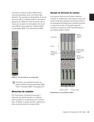 Las tiras de canal de audio y MIDI tienen           Ejemplo de dirección de señales
controles parecidos, pero con efectos algo
distintos. Por ejemplo los atenuadores de tira de   Una tarea de dirección de señales habitual
canal de audio y entrada auxiliar controlan la      consiste en submezclar varias pistas en una sola
ganancia de salida en el bus de mezcla de ese       tira de canal (por ejemplo una entrada auxiliar o
canal; por su parte, los atenuadores de tira de     un atenuador principal) para compartir procesos
canal MIDI envían datos de volumen MIDI             y control de niveles. El ejemplo siguiente
(controlador MIDI 7) al instrumento MIDI.           muestra tres pistas de audio submezcladas en
                                                    una salida auxiliar estéreo.

                                                                                                Módulo
                                                                                                adicional
                                                    Inserciones                                 estéreo




                                                    Envíos

                                                                                               Entrada desde
                                                                                               la ruta de bus
                                                    Salidas a la
                                                                                               estéreo
                                                    ruta de bus
                                                    estéreo
                                                                                                Salida a
                                                                                                ruta de salida
                                                                                                estéreo




Figura 2. Tira de canal en la ventana Mix


     El término canal también describe un
     aspecto distinto del funcionamiento MIDI.
     Véase "Conceptos MIDI" en la página 23.
                                                                   Pistas de audio   Entrada auxiliar
Dirección de señales                                Submezclas en una entrada auxiliar
Pro Tools ofrece controles de mezclas y
dirección de señales basados en software.
Estos controles se encuentran en la ventana
Mix. (También se puede acceder a algunos de
estos controles desde la ventana Edit.)



                                                                         Capítulo 3: Conceptos de Pro Tools      19
 