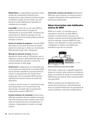Multitímbrico La capacidad de reproducir varios     Información exclusiva del sistema Información
     sonidos de instrumentos diferentes (por             MIDI que, por lo general, se usa para enviar y
     ejemplo piano, bajo y batería) al mismo tiempo      recuperar información de los parámetros de
     en distintos canales. De este modo, una sola        parche para almacenarse.
     fuente de sonido MIDI puede reproducir la
     totalidad de los arreglos.
                                                         Ideas incorrectas más habituales
     Canal MIDI A través de un solo cable MIDI se        acerca de MIDI
     pueden transmitir hasta 16 canales de
                                                         MIDI no es audio. Los mensajes que se
     información de ejecución MIDI. El número del
                                                         transmiten a través de un cable MIDI se
     canal separa los distintos mensajes; de esta
                                                         traducen en instrucciones concretas. Por
     manera, las fuentes de sonido pueden recibir los
                                                         ejemplo, al pulsar una tecla del teclado MIDI, se
     mensajes correctos.
                                                         envía un mensaje al puerto MIDI OUT que
     Evento de cambios de programa Comando MIDI          ordena a otro dispositivo (si está conectado y
     que indica a una fuente de sonido el sonido o       configurado en mismo canal MIDI) que
     parche de sonido que se debe usar. El protocolo     reproduzca esa nota en concreto.
     MIDI permite elegir entre 128 parches.

     Mensaje de selección de banco Muchos
     dispositivos tienen más de 128 parches, que se
     organizan en bancos. Bank Select Message es un
     comando MIDI que especifica el banco de
     parches del que se debe elegir.

     Control local Configuración de controlador que      Rutas de señal para instrumentos MIDI
     se encuentra en la mayoría de los teclados MIDI     Ahora bien, si desea oír el segundo dispositivo
     que les permite reproducir su propia fuente de      (fuente de sonido), debe conectar las salidas de
     sonido. La desactivación del "control local"        audio a un sistema de sonido. Los instrumentos
     asegura que sólo los mensajes MIDI externos         MIDI tienen dos rutas de señal, una para audio y
     reproduzcan la fuente interna de sonido del         otra para MIDI.
     dispositivo.
                                                         MIDI no permite usar los dispositivos por
     Cuando se usa Pro Tools, el "control local" suele   encima de sus funciones. Cada instrumento
     estar desactivado. Si el "control local" está       tiene sus propias limitaciones de generación de
     desactivado, el teclado sigue transmitiendo         sonido, polifonía y funciones multitímbricas.
     información al puerto MIDI OUT.

     Eventos continuos de controlador Instrucciones
     MIDI que permiten efectuar cambios en tiempo
     real en las notas que están sonando. Entre otros,
     están la variación de tono, la modulación, el
     volumen, el panorámico de audio y un largo
     etcétera.



24   Guía de referencia de Pro Tools
 