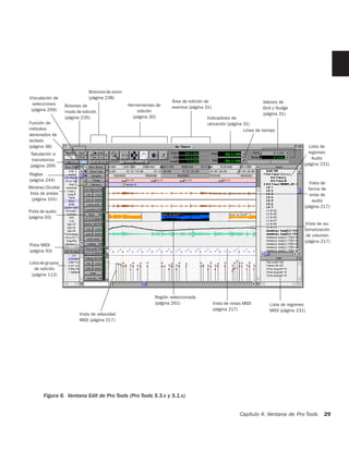 Botones de zoom
Vinculación de               (página 238)
                                                                  Área de edición de                          Valores de
  selecciones     Botones de                   Herramientas de    eventos (página 31)                         Grid y Nudge
 (página 259)     modo de edición                  edición
                                                                                                              (página 31)
                  (página 235)                   (página 30)                       Indicadores de
Función de                                                                         ubicación (página 31)
métodos                                                                                              Línea de tiempo
abreviados de
teclado
(página 38)                                                                                                                        Lista de
Tabulación a                                                                                                                       regiones
 transitorios                                                                                                                        Audio
(página 269)                                                                                                                     (página 231)

Reglas
(página 244)
                                                                                                                                    Vista de
Mostrar/Ocultar                                                                                                                    forma de
lista de pistas                                                                                                                     onda de
 (página 101)                                                                                                                        audio
                                                                                                                                 (página 217)
Pista de audio
(página 93)
                                                                                                                                  Vista de au-
                                                                                                                                 tomatización
                                                                                                                                  de volumen
                                                                                                                                 (página 217)
Pista MIDI
(página 93)

Lista de grupos
   de edición
 (página 112)




                                                           Región seleccionada
                                                           (página 261)                 Vista de notas MIDI      Lista de regiones
                                                                                        (página 217)             MIDI (página 231)
                        Vista de velocidad
                        MIDI (página 217)




       Figura 6. Ventana Edit de Pro Tools (Pro Tools 5.3.x y 5.1.x)


                                                                                                     Capítulo 4: Ventana de Pro Tools     29
 