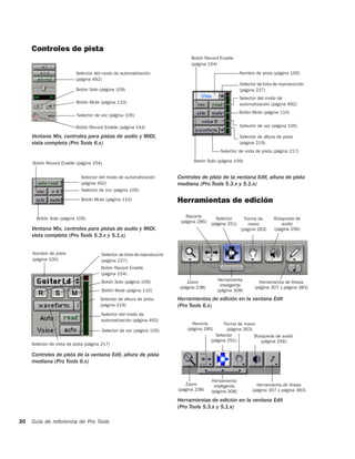 Controles de pista
                                                                                 Botón Record Enable
                                                                                 (página 154)

                           Selector del modo de automatización                                           Nombre de pista (página 100)
                           (página 492)
                                                                                                         Selector de lista de reproducción
                           Botón Solo (página 109)                                                       (página 227)
                                                                                                         Selector del modo de
                           Botón Mute (página 110)                                                       automatización (página 492)
                                                                                                         Botón Mute (página 110)
                           Selector de voz (página 105)

                           Botón Record Enable (página 154)                                              Selector de voz (página 105)

     Ventana Mix, controles para pistas de audio y MIDI,                                                 Selector de altura de pista
     vista completa (Pro Tools 6.x)                                                                      (página 219)
                                                                                               Selector de vista de pista (página 217)

     Botón Record Enable (página 154)                                             Botón Solo (página 109)


                             Selector del modo de automatización           Controles de pista de la ventana Edit, altura de pista
                             (página 492)                                  mediana (Pro Tools 5.3.x y 5.1.x)
                             Selector de voz (página 105)

                             Botón Mute (página 110)                       Herramientas de edición

       Botón Solo (página 109)                                                Recorte      Selector                       Búsqueda de
                                                                                                           Forma de
                                                                            (página 285) (página 251)                        audio
                                                                                                             mano
     Ventana Mix, controles para pistas de audio y MIDI,                                                 (página 263)     (página 256)
     vista completa (Pro Tools 5.3.x y 5.1.x)


     Nombre de pista                   Selector de lista de reproducción
     (página 100)                      (página 227)
                                       Botón Record Enable
                                       (página 154)
                                       Botón Solo (página 109)                Zoom            Herramienta         Herramienta de líneas
                                                                           (página 238)        inteligente      (página 307 y página 383)
                                       Botón Mute (página 110)                                (página 308)
                                       Selector de altura de pista         Herramientas de edición en la ventana Edit
                                       (página 219)                        (Pro Tools 6.x)
                                       Selector del modo de
                                       automatización (página 492)
                                                                                 Recorte        Forma de mano
                                       Selector de voz (página 105)            (página 285)       (página 263)
                                                                                            Selector           Búsqueda de audio
                                                                                          (página 251)            (página 256)
     Selector de vista de pista (página 217)

     Controles de pista de la ventana Edit, altura de pista
     mediana (Pro Tools 6.x)


                                                                                          Herramienta
                                                                              Zoom         inteligente           Herramienta de líneas
                                                                           (página 238)   (página 308)         (página 307 y página 383)

                                                                           Herramientas de edición en la ventana Edit
                                                                           (Pro Tools 5.3.x y 5.1.x)

30   Guía de referencia de Pro Tools
 