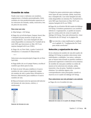 Creación de rutas                                    7 Repita los pasos anteriores para conﬁgurar
                                                     otros tipos de ruta (entrada, salida, inserción,
Puede crear rutas y subrutas con nombres,            bus o SampleCell). (Las rutas SampleCell sólo
asignaciones y formatos personalizados. Estos        están disponibles en sistemas Pro Tools|24 de la
nombres de ruta predeterminados aparecen en          serie MIX que funcionen en Mac OS 9 con
los selectores de entrada, salida, inserción y bus   tarjetas SampleCell II con TDM.)
de pista de una sesión.
                                                     8 Haga clic en el botón OK del cuadro de diálogo
Para crear una ruta:                                 I/O Setup. Si hubiera parámetros con nombres
                                                     idénticos o superpuestos, se pedirá al usuario
1 Elija Setups > I/O Setup.
                                                     que los corrija antes de cerrar el cuadro de
2 Haga clic en la ﬁcha Input, Output, Insert, Bus    diálogo I/O Setup. Para más información, véase
o SampleCell para mostrar el tipo de ruta            "Iniciación de I/O Setup" en la página 84.
correspondiente. (Las rutas SampleCell sólo
                                                           Las mezclas y rutas multicanal se explican
están disponibles en sistemas Pro Tools|24 de la
                                                           en el capítulo 31, "Configuración Pro Tools
serie MIX que funcionen en Mac OS 9 con
                                                           para modo envolvente".
tarjetas SampleCell II con TDM.)

3 Haga clic en New Path, o pulse Control+N           Selección y organización de rutas
(Windows) o Comando+N (Macintosh).
                                                     En la columna de nombre de ruta del cuadro de
  –o–                                                diálogo I/O Setup se pueden seleccionar rutas
                                                     individuales y múltiples. Las rutas y subrutas
Seleccione una ruta principal y haga clic en New
                                                     que se hayan seleccionado se pueden cambiar a
Sub-Path.
                                                     posiciones superiores o inferiores en la columna
4 Haga doble clic en el campo Name y escriba el      de nombre de ruta para cambiar su orden de
nombre que desee para la ruta.                       menú en los selectores de entrada, salida,
                                                     inserción y bus de pista. También se pueden
5 Pulse la tecla Tab para establecer el nuevo
                                                     eliminar. Las subrutas siguen a las
nombre de ruta y pasar al siguiente campo
                                                     correspondientes rutas principales cuando se
de nombre de ruta o pulse Intro (Windows) o
                                                     mueven en el cuadro de diálogo I/O Setup.
Retorno (Macintosh) para establecer el nuevo
nombre de ruta.
                                                     Para seleccionar una ruta principal o una subruta:
6 Elija un formato entre las opciones del selector
                                                     ■   Haga clic en el nombre de ruta.
de formato de ruta (mono, estéreo, o
multicanal).




                                                     Selección de rutas en el cuadro de diálogo I/O Setup

Selector de formato de ruta

                                                                                      Capítulo 7: I/O Setup   81
 