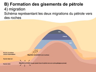 B) Formation des gisements de pétrole
4) migration
Schéma représentant les deux migrations du pétrole vers
des roches
 