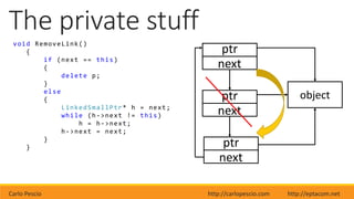 Carlo Pescio http://carlopescio.com http://eptacom.net
The private stuff
void RemoveLink()
{
if (next == this)
{
delete p;
}
else
{
LinkedSmallPtr* h = next;
while (h->next != this)
h = h->next;
h->next = next;
}
}
object
ptr
next
ptr
next
ptr
next
 