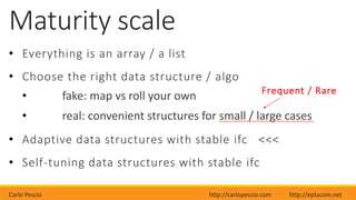 Carlo Pescio http://carlopescio.com http://eptacom.net
Maturity scale
• Everything is an array / a list
• Choose the right data structure / algo
• fake: map vs roll your own
• real: convenient structures for small / large cases
• Adaptive data structures with stable ifc <<<
• Self-tuning data structures with stable ifc
Frequent / Rare
 