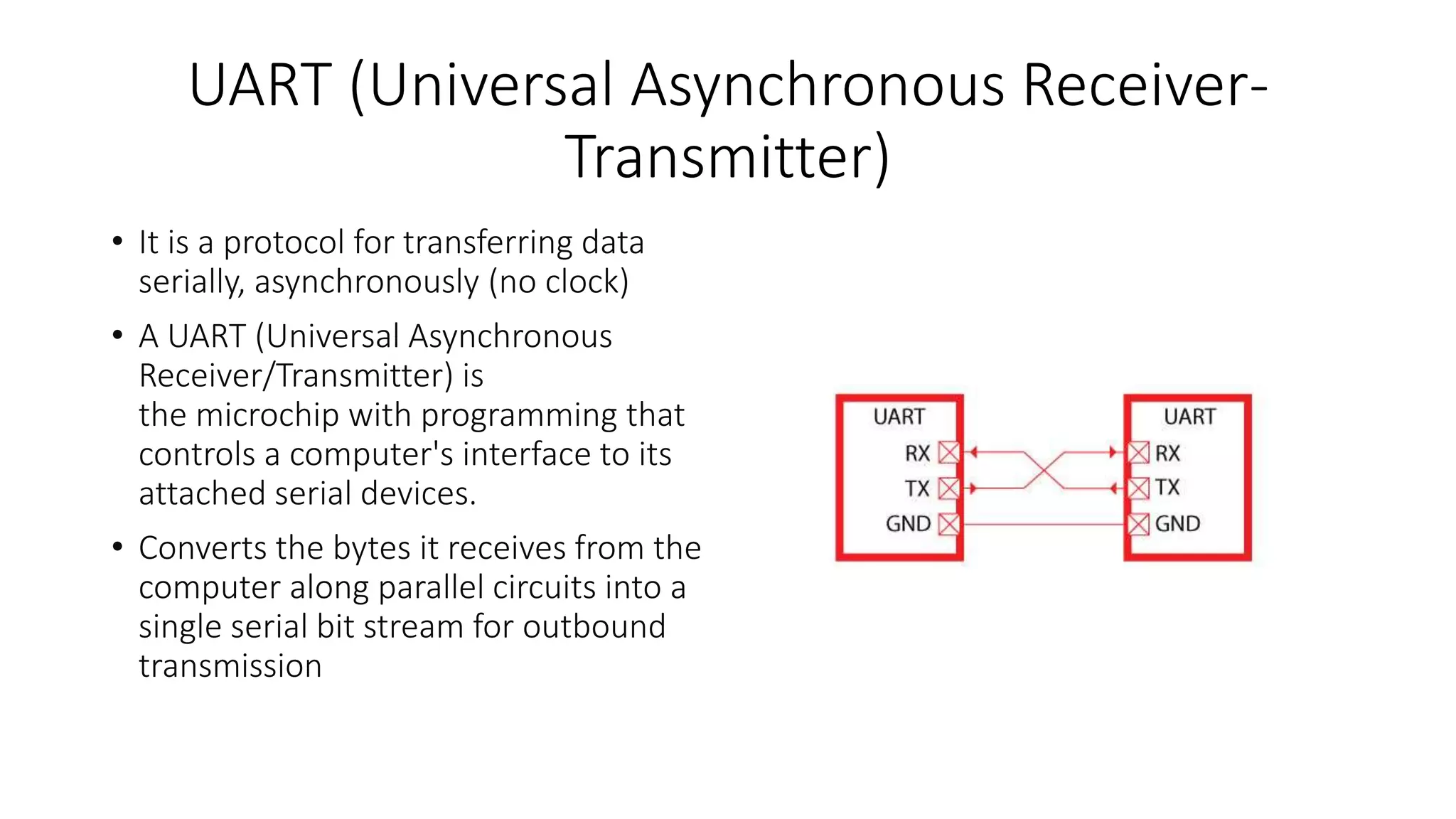 UART (Universal Asynchronous Receiver-
Transmitter)
• It is a protocol for transferring data
serially, asynchronously (no clock)
• A UART (Universal Asynchronous
Receiver/Transmitter) is
the microchip with programming that
controls a computer's interface to its
attached serial devices.
• Converts the bytes it receives from the
computer along parallel circuits into a
single serial bit stream for outbound
transmission
 