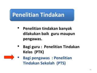  Penelitian tindakan banyak
dilakukan baik guru maupun
pengawas.
 Bagi guru : Penelitian Tindakan
Kelas (PTK)
 Bagi pengawas : Penelitian
Tindakan Sekolah (PTS)
14
 