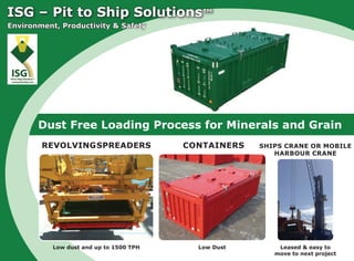 Dust Free Loading Process for Minerals and Grain
ISG – Pit to Ship Solutions™
Low dust and up to 1500 TPH Low Dust Leased & easy to
move to next project
REVOLVINGSPREADERS CONTAINERS SHIPS CRANE OR MOBILE
HARBOUR CRANE
Environment, Productivity & Safety
 