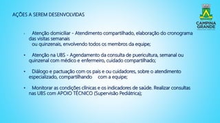 AÇÕES A SEREM DESENVOLVIDAS
• Atenção domiciliar - Atendimento compartilhado, elaboração do cronograma
das visitas semanais
ou quinzenais, envolvendo todos os membros da equipe;
• Atenção na UBS - Agendamento da consulta de puericultura, semanal ou
quinzenal com médico e enfermeiro, cuidado compartilhado;
• Diálogo e pactuação com os pais e ou cuidadores, sobre o atendimento
especializado, compartilhando com a equipe;
• Monitorar as condições clínicas e os indicadores de saúde. Realizar consultas
nas UBS com APOIO TÉCNICO (Supervisão Pediátrica);
 