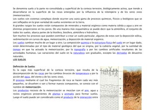 Se denomina suelo a la parte no consolidada y superficial de la corteza terrestre, biológicamente activa, que tiende a
desarrollarse en la superficie de las rocas emergidas por la influencia de la intemperie y de los seres vivos
(meteorización).
Los suelos son sistemas complejos donde ocurren una vasta gama de procesos químicos, físicos y biológicos que se
ven reflejados en la gran variedad de suelos existentes en la tierra.
A grandes rasgos los suelos están compuestos de minerales y material orgánico como materia sólida y agua y aire en
distintas proporciones en los poros. De una manera más esquemática se puede decir que la atmósfera, el conjunto de
todos los suelos, abarca partes de la litosfera, biosfera, atmósfera e hidrosfera.
Son muchos los procesos que pueden contribuir a crear un suelo particular, algunos de estos son la deposición eólica,
sedimentación en cursos de agua, meteorización, y deposición de material orgánico.
Los suelos cambian mucho de un lugar a otro. La composición química y la estructura física del suelo en un lugar dado,
están determinadas por el tipo de material geológico del que se origina, por la cubierta vegetal, por la cantidad de
tiempo en que ha actuado la meteorización, por la topografía y por los cambios artificiales resultantes de las
actividades humanas. Las variaciones del suelo en la naturaleza son graduales, excepto las derivadas de desastres
naturales.
LOS SUELOS


Definición de Suelos:
Es la capa más superficial de la corteza terrestre, que resulta de la
descomposición de las rocas por los cambios bruscos de temperatura y por la
acción del agua, del viento y de los seres vivos.
El proceso mediante el cual los fragmentos de roca se hacen cada vez más
pequeños, se disuelven o van a formar nuevos compuestos, se conoce con el
nombre de meteorización.
Los productos rocosos de la meteorización se mezclan con el aire, agua y
restos orgánicos provenientes de plantas y animales para formar suelos.
Luego el suelo puede ser considerado como el producto de la interacción entre
 