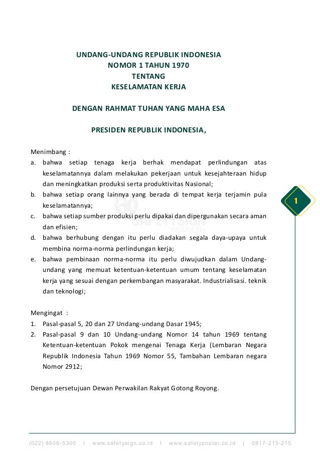 Undang Undang Nomor 1 Tahun 1970 Tentang Keselamatan Kerja