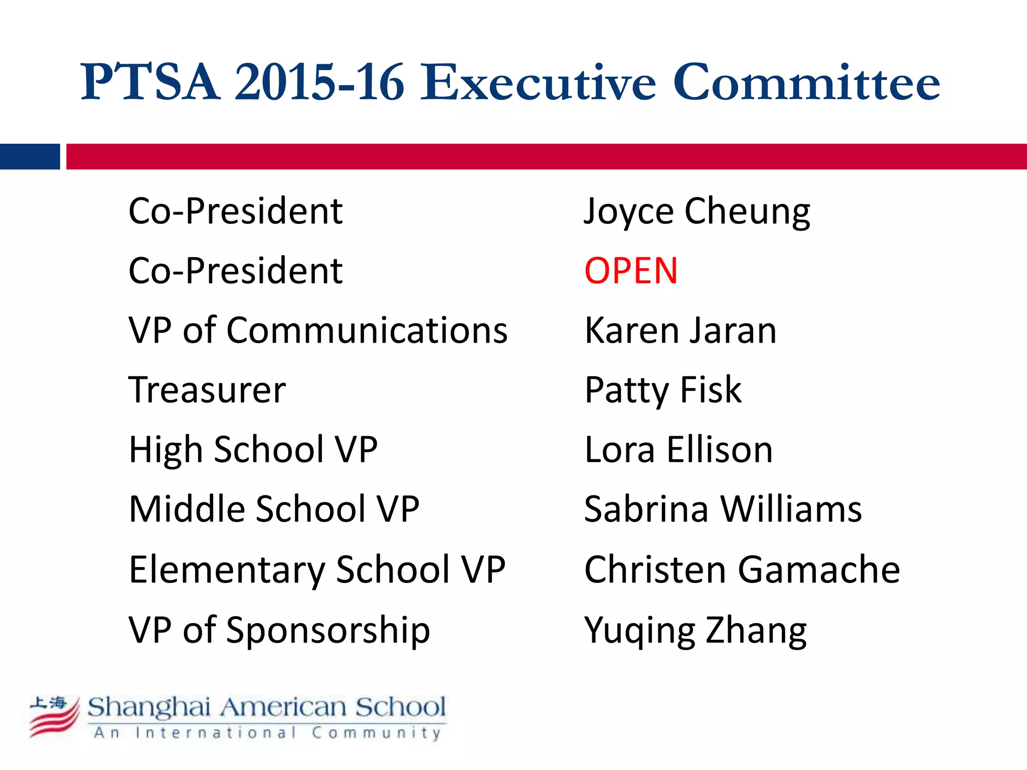 PTSA 2015-16 Executive Committee
Co-President Joyce Cheung
Co-President OPEN
VP of Communications Karen Jaran
Treasurer Patty Fisk
High School VP Lora Ellison
Middle School VP Sabrina Williams
Elementary School VP Christen Gamache
VP of Sponsorship Yuqing Zhang
 