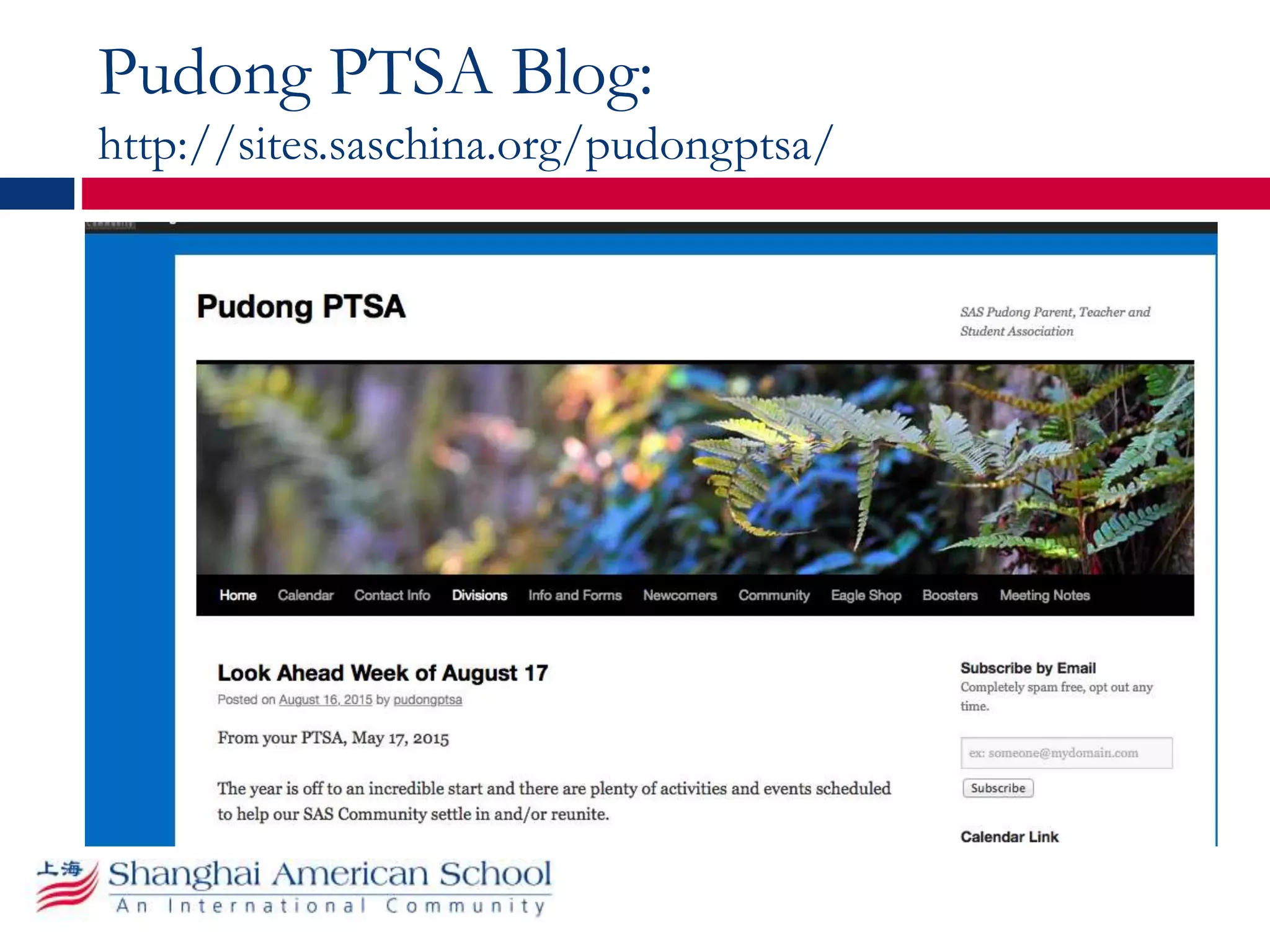 Pudong PTSA Blog:
http://sites.saschina.org/pudongptsa/
 
