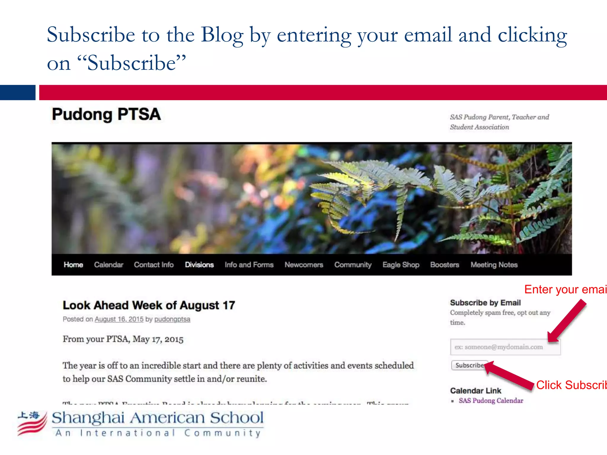 Subscribe to the Blog by entering your email and clicking
on “Subscribe”
Enter your emai
Click Subscrib
 