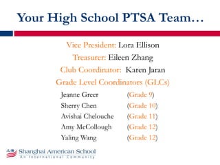 Your High School PTSA Team…
Vice President: Lora Ellison
Treasurer: Eileen Zhang
Club Coordinator: Karen Jaran
Grade Level Coordinators (GLCs)
Jeanne Greer (Grade 9)
Sherry Chen (Grade 10)
Avishai Chelouche (Grade 11)
Amy McCollough (Grade 12)
Yaling Wang (Grade 12)
 