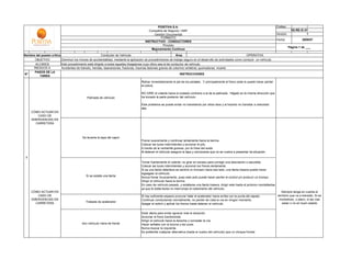 POSITIVA S.A.                                                                                   Código:
                                                                                           Compañía de Seguros / ARP                                                                                         SS-RE-IC-01
                                                                                              -Gestión Documental-                                                                               Versión:              1
                                                                                                   FORMATO
                                                                                                                                                                                                 Fecha:               2009/07
                                                                                         INSTRUCTIVO - CONDUCTORES
                                                                                                     Proceso
                                                                                                                                                                                                            Página 1 de ___
                                                                                             Mejoramiento Continuo

Nombre del puesto crítico                               Conductor de Vehículo                                    Área                                                OPERATIVA
      OBJETIVO            Disminuir los íncices de accidentalidad, mediante la aplicación de procedimientos de trabajo seguro en el desarrollo de actividades como conducir un vehículo.
       ALCANCE            Este procedimiento está dirigido a todos aquellos trbajadores cuyo oficio sea el de conductor de vehículo.
      RIESGOS A           Accidentes de tránsito, heridas, laseraciones, fracturas, traumas lesiones graves de columna vertebral, quemaduras, muerte.
     CONTROLAR
      PASOS DE LA
N°                                                                                                                  INSTRUCCIONES
         TAREA

                                                                                       Retirar inmediatamente el pié de los pedales. Y principalmente el freno (este lo puede hacer perder
                                                                                       el cotrol).

                                                                                       NO GIRE el volante hacia el costado contrario a la de la patinada. Hágalo en la misma dirección que
                                              Patinada de vehículo                     ha tomado la parte posterior del vehículo.

                                                                                       Este problema se puede evitar no transitando por sitios lisos y al hacerlo no transitar a velocidad
                                                                                       alta.
     CÓMO ACTUAR EN
        CASO DE
     EMERGENCIAS EN
       CARRETERA



                                           Se levanta la tapa del capot
                                                                                       Frenar suavemente y continuar lentamente hacia la berma.
                                                                                       Colocar las luces intermitentes y accionar el pito.
                                                                                       A través de la ventanilla guiarse, por la línea del suelo.
                                                                                       Al detener el vehículo asegure la tapa y cerciorarse que no se vuelva a presentar tal situación.
 7
                                                                                       Tomar fuertemente el volante; no girar en exceso para corregir una desviación o sacudida.
                                                                                       Colocar las luces intermitentes y accionar los frenos lentamente.
                                                                                       Si es una llanta delantera se sentirá un tironazo hacia ese lado, una llanta trasera puede hacer
                                                                                       sigsagear el vehículo.
                                              Si se estalla una llanta                 Nunca frenar bruscamente, pues este acto puede hacer perder el control y/o producir un trompo.
                                                                                       Dirigir el vehículo hacia la berma.
                                                                                       En caso de vehículo pesado, y estallarse una llanta trasera, dirigir este hasta el próximo montallantas
                                                                                       ya que la doble llanta no interrumpe el rodamiento del vehículo.
     CÓMO ACTUAR EN                                                                                                                                                                                  Siempre tenga en cuenta el
        CASO DE                                                                        Si hay suficiente espacio procurar halar el acelerador hacia arriba con la punta del zapato.               territorio que va a transitar, Si es
     EMERGENCIAS EN                                                                    Continuar conduciendo normalmente, no perder de vista la vía en ningún momento.                             montañoso, o plano, si las vias
       CARRETERA                             Trabada de acelerador                                                                                                                                    estan o no en buen estado
                                                                                       Apagar el switch y aplicar los frenos hasta detener el vehículo.


                                                                                       Estar alerta para evitar agravar mas la situación.
                                                                                       Accionar el freno fuertemente.
                                                                                       Dirigir el vehículo hacia la derecha y conceder la vía.
                                           otro vehículo viene de frente               Hacer señales con la bocina y las luces.
                                                                                       Nunca buscar la izquierda.
                                                                                       Es preferible cualquier alternativa (hasta el vuelco del vehículo) que un choque frontal.
 