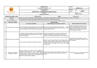 POSITIVA S.A.                                                                       Código:
                                                                                             Compañía de Seguros / ARP                                                                                 SS-RE-IC-01
                                                                                                    -Gestión Documental-                                                              Versión:                         1
                                                                                              FORMATO
                                                                                                                                                                                      Fecha:                       2009/07
                                                                              INSTRUCTIVO - CONDUCTOR DE MOTOCICLETA
                                                                                               Proceso
                                                                                                                                                                                                    Página 1 de ___
                                                                                                   Mejoramiento Continuo

    Nombre del puesto crítico                                                        MENSAJERO                                                         Área                                    OPERATIVA
              OBJETIVO                      Disminuir los índices de accidentalidad, mediante la aplicación de procedimientos de trabajo seguro en el desarrollo de actividades como conducir una motocicleta.
               ALCANCE                      Este procedimiento está dirigido a todos aquellos trabajadores cuyo oficio sea el de conductor de motocicleta
      RIESGOS A CONTROLAR                   Accidentes de tránsito, heridas, laseraciones, fracturas, traumas lesiones graves de columna vertebral, quemaduras, muerte.

N°        PASOS DE LA TAREA                                                                                                      INSTRUCCIONES
                                                              Ser humano (Trabajador)                                   Objeto (Maquinaria, herramientas, utensilios)                       Ambiente (espacio físico o locativo)

                                                                                                                                                                                   Verifique con anticipacion el estado de las vias,
                                            Revise documentación personal yInspeccione los puntos críticos Ejecute una revisión tecnicopreventiva de la motocicleta         Revise transito, congestionamientos y de la ruta a seguir,
1     Planifique el viaje o ruta a seguir
                                            de la ruta y análice la vulnerabilidad de las mismas, es necesario las normas viales vigentes codigo nacional de transito Ley 769 6 de asegurese de tener un plan en caso de algun
                                            tener un buen estado de salud y haber dormido lo suficiente.       agosto del 2002, CAPITULO V.                                        problema en la ruta, identifique rutas adversas en
                                                                                                                                                                                   caso de congestion en el trafico.



                                            Al agacharse mantenga la espalda recta y piernas flexionadas,    Verifique que las herramientas y equipos se encuentren en buen
                                            utilice elementos de proteccion personal tales como : Guantes    estado de funcionamiento; en caso contrario reportelo al jefe
                                            de vaqueta, Monogafas.                                           inmediato y no realice la actividad hasta que se corrija la situación.


                                                                                                                                                                                     Cerciórese que el área de trabajo se encuentre
2 Revise el estado de su motocicleta                                                                                                                                                 despejada, libre de obstáculos, derrames y de todo
                                                                                                             Verifique el correcto funcionamiento de los siguientes sistemas : tipo de sustancias.
                                                                                                             lubricado, eléctrico, escape de gases, frenos, combustible, luces
                                            Centre su atención únicamente en la actividad de inspección      direccionales, luz delantera, luz blanca de placa, luz de freno trasero
                                                                                                             y cocuyo, escape y silenciador contra el ruido, dos espejos
                                                                                                             retrovisores, pito.




                                            Antes de comenzar su recorrido en moto, coloquese los
                                            implementos de seguridad como (casco de seguridad para
                                                                                                             Inspeccione los elementos de seguridad antes de iniciar la marcha, si
        Coloquese los implementos           amortiguar golpes, guantes de cuero, chaleco reflectivo,                                                                                  Protejase de la lluvia con un traje impermeable que
 3       deseguridad y Vestuario            proteccion para los ojos (gafas), ropa resistente con proteccion
                                                                                                             encuentra alguna anomalia reporte y sustituya de inmediato el
                                                                                                                                                                                                  le proteja todo su cuerpo.
                                                                                                             elemento.
                                            para rodillas hombros y codos botas, es recomendable no usar
                                            zapatos con cordones sueltos o zapatillas )
 