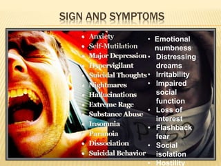 SIGN AND SYMPTOMS
• Emotional
numbness
• Distressing
dreams
• Irritability
• Impaired
social
function
• Loss of
interest
• Flashback
fear
• Social
isolation
• Hostility
 