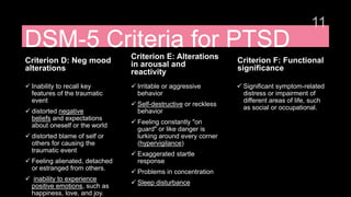 DSM-5 Criteria for PTSD
 The disturbance is not due to
medication, substance use, or other
illness.
Criterion H: Exclusio...