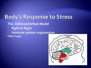 The Defense/Defeat Model
 fight or flight
 immune system suppression
Folkov (1993)
 