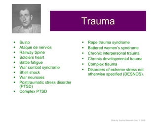 Trauma Susto Ataque de nervios Railway Spine Soldiers heart Battle fatigue War combat syndrome Shell shock War neuroses Posttraumatic stress disorder (PTSD) Complex PTSD Rape trauma syndrome Battered women’s syndrome Chronic interpersonal trauma Chronic developmental trauma Complex trauma Disorders of extreme stress not otherwise specified (DESNOS). 