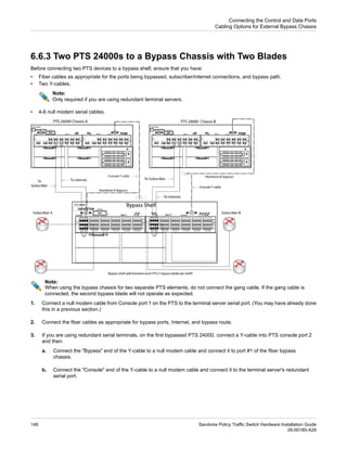 6.6.3 Two PTS 24000s to a Bypass Chassis with Two Blades
Before connecting two PTS devices to a bypass shelf, ensure that you have:
• Fiber cables as appropriate for the ports being bypassed, subscriber/internet connections, and bypass path.
• Two Y-cables.
Note:
Only required if you are using redundant terminal servers.
• 4-6 null modem serial cables.
Note:
When using the bypass chassis for two separate PTS elements, do not connect the gang cable. If the gang cable is
connected, the second bypass blade will not operate as expected.
1. Connect a null modem cable from Console port 1 on the PTS to the terminal server serial port. (You may have already done
this in a previous section.)
2. Connect the fiber cables as appropriate for bypass ports, Internet, and bypass route.
3. If you are using redundant serial terminals, on the first bypassed PTS 24000, connect a Y-cable into PTS console port 2
and then:
a. Connect the "Bypass" end of the Y-cable to a null modem cable and connect it to port #1 of the fiber bypass
chassis.
b. Connect the "Console" end of the Y-cable to a null modem cable and connect it to the terminal server's redundant
serial port.
Sandvine Policy Traffic Switch Hardware Installation Guide
148
05-00185-A29
Connecting the Control and Data Ports
Cabling Options for External Bypass Chassis
 