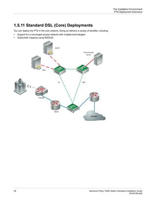 1.5.11 Standard DSL (Core) Deployments
You can deploy the PTS in the core network. Doing so delivers a variety of benefits, including:
• Support for a converged access network with multiple technologies.
• Subscriber mapping using RADIUS.
Sandvine Policy Traffic Switch Hardware Installation Guide
28
05-00185-A29
The Installation Environment
PTS Deployment Scenarios
 