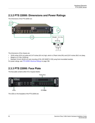 2.3.2 PTS 22000: Dimensions and Power Ratings
The dimensions of the PTS 22000 are:
The dimensions of the chassis are:
• 16.85 inches (42.8 cm) wide and 3.47 inches (8.8 cm) high, which is 2 Rack Units (RU) and 22.91 inches (58.2 cm) deep.
• Weight is 41.5 lbs (18.86 kg).
• Standard 19-inch (48.26 cm) rack mounting (2 RU, IEC 60297-3-100) using front mountable brackets.
For power ratings, see PTS 22000: Electrical Ratings on page 189.
2.3.3 PTS 22000: Face Plate
The face plate contains either I/O or bypass blades:
The LEDs on the faceplate of the PTS 22000 are:
Sandvine Policy Traffic Switch Hardware Installation Guide
62
05-00185-A29
Hardware Elements
PTS 22000 Series
 