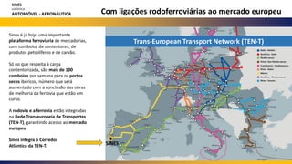 Com ligações rodoferroviárias ao mercado europeu
Sines é já hoje uma importante
plataforma ferroviária de mercadorias,
com comboios de contentores, de
produtos petrolíferos e de carvão.
Só no que respeita à carga
contentorizada, são mais de 100
comboios por semana para os portos
secos ibéricos, número que será
aumentado com a conclusão das obras
de melhoria da ferrovia que estão em
curso.
A rodovia e a ferrovia estão integradas
na Rede Transeuropeia de Transportes
(TEN-T), garantindo acesso ao mercado
europeu.
Sines integra o Corredor
Atlântico da TEN-T. SINES
Trans-European Transport Network (TEN-T)
SINES
LOGÍSTICA
AUTOMÓVEL E AERONÁUTICA
 