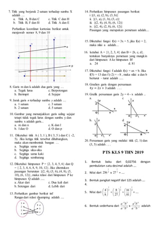 7. Titik yang berjarak 2 satuan terhadap sumbu X
adalah …
a. Titik A, B dan C c. Titik C dan H
b. Titik B, F dan H d. Titik A dan E
Perhatikan koordinat kartesius berikut untuk
menjawab nomor 8, 9 dan 10
8. Garis m dan k adalah dua garis yang …
a. Tegak lurus c. Berpotongan
b. Berimpit d. Sejajar
9. Jarak garis n terhadap sumbu y adalah …
a. 1 satuan c. 3 satuan
b. 2 satuan d. 5 satuan
10. Gambar yang menunjukkan garis saling sejajar
tetapi tidak tegak lurus dengan sumbu y dan
sumbu x adalah garis...
a. m dan n c. K dan l
b. l dan O d. O dan p
11. Diketahui titik A ( 3, 1 ), B ( 3, 5 ) dan C ( -2,
5). Jika ketiga titik tersebut dihubungkan,
maka akan membentuk bangun …
a. Segitiga sama sisi
b. Segitiga siku-siku
c. Segitiga sama kaki
d. Segitiga sembarang
12. Diketahui himpunan P = {2, 3, 4, 5, 6} dan Q
= { 2, 3, 4, 6, 8, 9, 10, 12}. Jika ditentukan
pasangan berurutan {(2, 4), (3, 6), (4, 8), (5,
10), (6, 12)}, maka relasi dari himpunan P ke
himpunan Q adalah .....
a. Akar dari c. Dua kali dari
b. Setengan dari d. Lebih dari
13. Perhatikan gambar berikut ini!
Range dari relasi disamping adalah ....
14. Perhatikan himpunan pasangan berikut:
i {(1, a), (2, b), (3, b)}
ii. {(1, a), (1, b), (3, c)}
iii. {(2, 4), (4, 8), (6, 12)}
iv. {(2, 4), (2, 8), (6, 12)}
Pasangan yang merupakan pemetaan adalah....
15. Diketahui fungsi f(x) = 3x + 5, jika f(a) = 2,
maka nilai a adalah…
16. ketahui A = {1, 2, 3, 4} dan B = {b, c, d}.
tentukan banyaknya pemetaan yang mungkin
dari himpunan A ke himpunan B!
a. 24 d. 81
17. Diketahui fungsi f adalah f(x) = ax + b. Jika
f(5) = 13 dan f (-2) = - 8 , maka nilai a dan b
berturut – turut adalah .....
18. Gradien garis dengan persamaan
4𝑦 = 2𝑥 + 3 adalah . . .
19. Grafik persamaan garis 2y = 4 - x adalah ..
a. c
b. d
20. Persamaan garis yang melalui titik (2, 1) dan
(3, 5) adalah . . .
PTS KLS 9 THN 2019
1. Bentuk baku dari 0,02756 dengan
pembulatan satu desimal adalah ….
2. Nilai dari 2
1
256 x 3
1
27 = ….
3. Bentuk pangkat negatif dari 125 adalah ….
4.
5. Nilai dari
4
1
3
1
2
1
81
16
27
8
8
4


















= ….
6. Bentuk sederhana dari 41
35
ba
ba


x 13
42

ba
ba
adalah
o
p
 