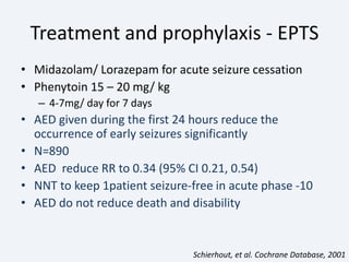Treatment and prophylaxis - EPTS
• Midazolam/ Lorazepam for acute seizure cessation
• Phenytoin 15 – 20 mg/ kg
– 4-7mg/ day for 7 days
• AED given during the first 24 hours reduce the
occurrence of early seizures significantly
• N=890
• AED reduce RR to 0.34 (95% CI 0.21, 0.54)
• NNT to keep 1patient seizure-free in acute phase -10
• AED do not reduce death and disability
Schierhout, et al. Cochrane Database, 2001
 