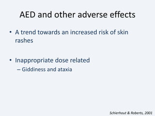 AED and other adverse effects
• A trend towards an increased risk of skin
rashes
• Inappropriate dose related
– Giddiness and ataxia
Schierhout & Roberts, 2001
 