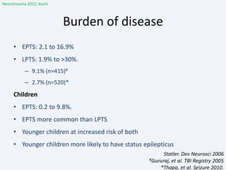 Burden of disease
• EPTS: 2.1 to 16.9%
• LPTS: 1.9% to >30%.
– 9.1% (n=415)#
– 2.7% (n=520)*
Children
• EPTS: 0.2 to 9.8%.
• EPTS more common than LPTS
• Younger children at increased risk of both
• Younger children more likely to have status epilepticus
Statler. Dev Neurosci 2006
#Gururaj, et al. TBI Registry 2005
*Thapa, et al. Seizure 2010.
Neurotrauma 2012, Kochi
 