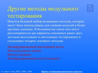 16 проект Тэлма, ННГУ, ВМК, 2004г Процесс тестирования программного продукта
Другие методы модульного
тестирования
Имеется большой выбор возможных методов, которые
могут быть использованы для слияния модулей в более
крупные единицы. В большинстве своем они могут
рассматриваться как варианты описанных ранее двух
методов (восходящее и нисходящее тестирование) и
следующих четырех основных методов:
Модифицированный нисходящий метод
Метод большого скачка
Метод Сандвича
Модифицированный метод Сандвича
 