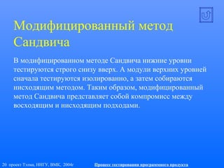 20 проект Тэлма, ННГУ, ВМК, 2004г Процесс тестирования программного продукта
Модифицированный метод
Сандвича
В модифицированном методе Сандвича нижние уровни
тестируются строго снизу вверх. А модули верхних уровней
сначала тестируются изолированно, а затем собираются
нисходящим методом. Таким образом, модифицированный
метод Сандвича представляет собой компромисс между
восходящим и нисходящим подходами.
 
