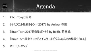 Agenda
CONFIDENTIAL / Aniwo 2017 All Rights Reserved 2
1. Pitch Tokyo紹介
2. 『イスラエル最新トレンド 2017』 by Aniwo, 寺田
3. 『BrainTech 2...