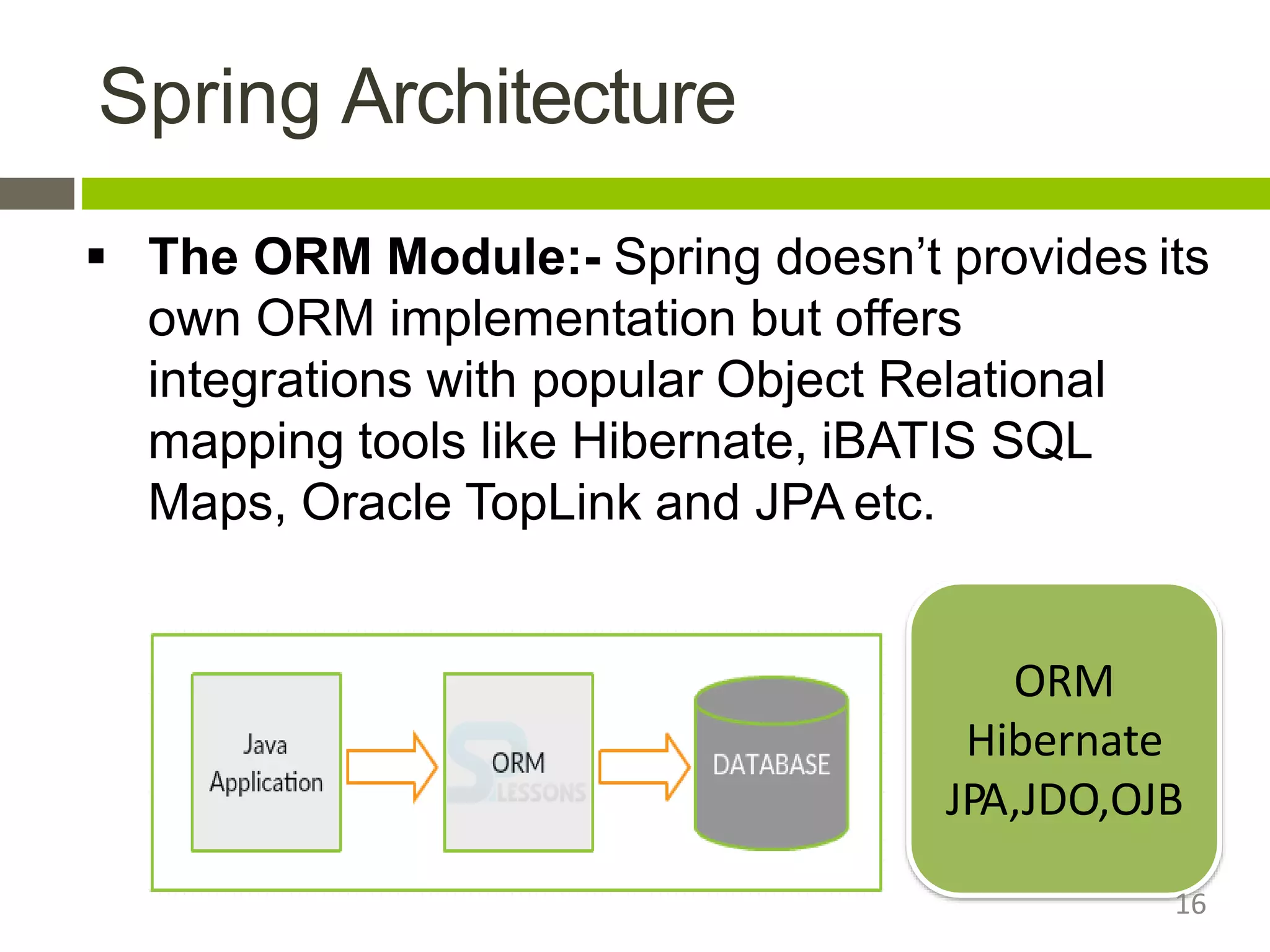 Spring Architecture
 The ORM Module:- Spring doesn’t provides its
own ORM implementation but offers
integrations with popular Object Relational
mapping tools like Hibernate, iBATIS SQL
Maps, Oracle TopLink and JPA etc.
ORM
Hibernate
JPA,JDO,OJB
16
 
