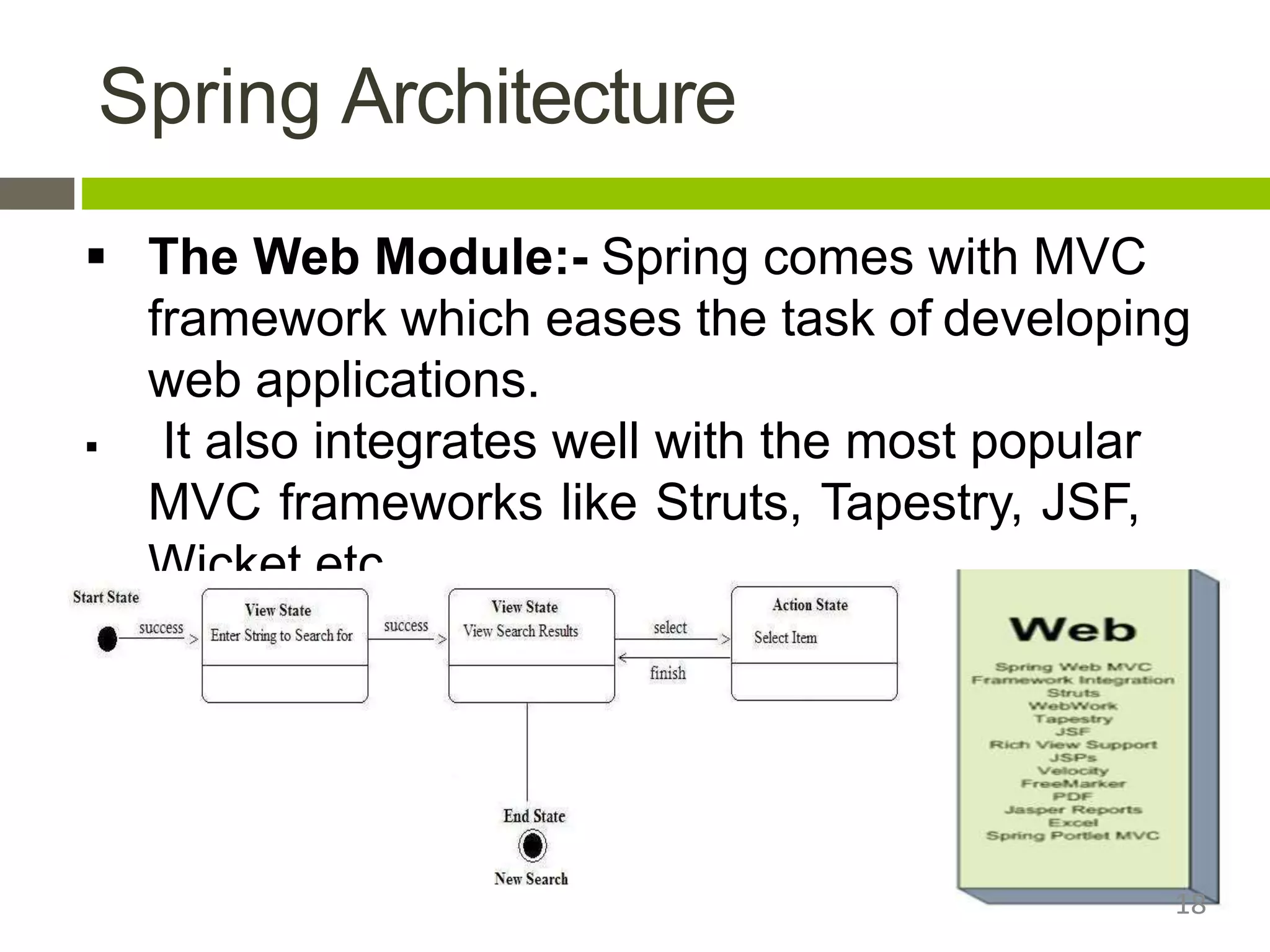 Spring Architecture
 The Web Module:- Spring comes with MVC
framework which eases the task of developing
web applications.
 It also integrates well with the most popular
MVC frameworks like Struts, Tapestry, JSF,
Wicket etc.
18
 
