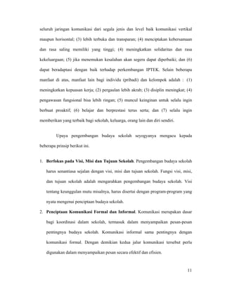 seluruh jaringan komunikasi dari segala jenis dan level baik komunikasi vertikal

maupun horisontal; (3) lebih terbuka dan transparan; (4) menciptakan kebersamaan

dan rasa saling memiliki yang tinggi; (4) meningkatkan solidaritas dan rasa

kekeluargaan; (5) jika menemukan kesalahan akan segera dapat diperbaiki; dan (6)

dapat beradaptasi dengan baik terhadap perkembangan IPTEK. Selain beberapa

manfaat di atas, manfaat lain bagi individu (pribadi) dan kelompok adalah : (1)

meningkatkan kepuasan kerja; (2) pergaulan lebih akrab; (3) disiplin meningkat; (4)

pengawasan fungsional bisa lebih ringan; (5) muncul keinginan untuk selalu ingin

berbuat proaktif; (6) belajar dan berprestasi terus serta; dan (7) selalu ingin

memberikan yang terbaik bagi sekolah, keluarga, orang lain dan diri sendiri.


         Upaya pengembangan budaya sekolah seyogyanya mengacu kepada

beberapa prinsip berikut ini.


1. Berfokus pada Visi, Misi dan Tujuan Sekolah. Pengembangan budaya sekolah

   harus senantiasa sejalan dengan visi, misi dan tujuan sekolah. Fungsi visi, misi,

   dan tujuan sekolah adalah mengarahkan pengembangan budaya sekolah. Visi

   tentang keunggulan mutu misalnya, harus disertai dengan program-program yang

   nyata mengenai penciptaan budaya sekolah.

2. Penciptaan Komunikasi Formal dan Informal. Komunikasi merupakan dasar

   bagi koordinasi dalam sekolah, termasuk dalam menyampaikan pesan-pesan

   pentingnya budaya sekolah. Komunikasi informal sama pentingnya dengan

   komunikasi formal. Dengan demikian kedua jalur komunikasi tersebut perlu

   digunakan dalam menyampaikan pesan secara efektif dan efisien.



                                                                                 11
 