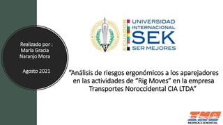 Realizado por :
María Gracia
Naranjo Mora
Agosto 2021 “Análisis de riesgos ergonómicos a los aparejadores
en las actividades de “Rig Moves” en la empresa
Transportes Noroccidental CIA LTDA”
 