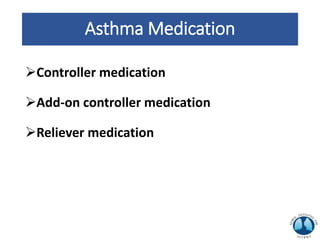 Asthma Medication
Controller medication
Add-on controller medication
Reliever medication
 