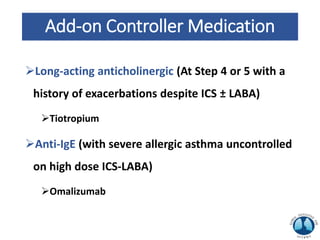 Add-on Controller Medication
Long-acting anticholinergic (At Step 4 or 5 with a
history of exacerbations despite ICS ± LABA)
Tiotropium
Anti-IgE (with severe allergic asthma uncontrolled
on high dose ICS-LABA)
Omalizumab
 