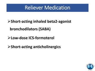 Reliever Medication
Short-acting inhaled beta2-agonist
bronchodilators (SABA)
Low-dose ICS-formoterol
Short-acting anticholinergics
 