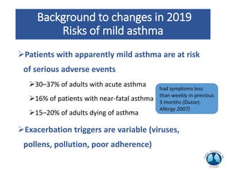 Background to changes in 2019
Risks of mild asthma
Patients with apparently mild asthma are at risk
of serious adverse events
30–37% of adults with acute asthma
16% of patients with near-fatal asthma
15–20% of adults dying of asthma
Exacerbation triggers are variable (viruses,
pollens, pollution, poor adherence)
had symptoms less
than weekly in previous
3 months (Dusser,
Allergy 2007)
 