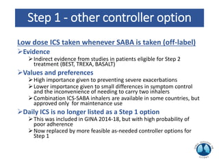Step 1 - other controller option
Low dose ICS taken whenever SABA is taken (off-label)
Evidence
Indirect evidence from studies in patients eligible for Step 2
treatment (BEST, TREXA, BASALT)
Values and preferences
High importance given to preventing severe exacerbations
Lower importance given to small differences in symptom control
and the inconvenience of needing to carry two inhalers
Combination ICS-SABA inhalers are available in some countries, but
approved only for maintenance use
Daily ICS is no longer listed as a Step 1 option
This was included in GINA 2014-18, but with high probability of
poor adherence
Now replaced by more feasible as-needed controller options for
Step 1
 