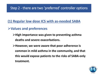Step 2 - there are two ‘preferred’ controller options
(1) Regular low dose ICS with as-needed SABA
Values and preferences
High importance was given to preventing asthma
deaths and severe exacerbations.
However, we were aware that poor adherence is
common in mild asthma in the community, and that
this would expose patients to the risks of SABA-only
treatment.
 