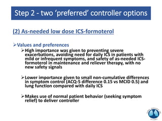 Step 2 - two ‘preferred’ controller options
(2) As-needed low dose ICS-formoterol
Values and preferences
High importance was given to preventing severe
exacerbations, avoiding need for daily ICS in patients with
mild or infrequent symptoms, and safety of as-needed ICS-
formoterol in maintenance and reliever therapy, with no
new safety signals
Lower importance given to small non-cumulative differences
in symptom control (ACQ-5 difference 0.15 vs MCID 0.5) and
lung function compared with daily ICS
Makes use of normal patient behavior (seeking symptom
relief) to deliver controller
 